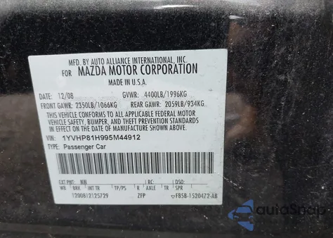 2009 Mazda Mazda6 from USA, damaged, VIN 1YVHP81H995M44912